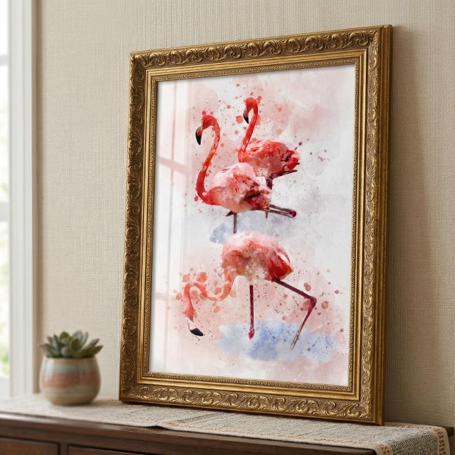 Tre Rosa Flamingos i akvarell konsttryck Fototryck (Three Pink Flamingos in Watercolor Art Print. Photo Print)