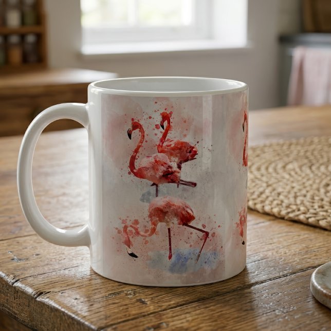 Tre rosa flamingos i akvarell konsttryck kaffemugg (Three Pink Flamingos in Watercolor Art Print. Coffee Mug)