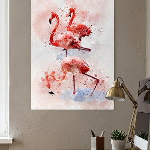 Tre rosa flamingos i akvarell konsttryck poster