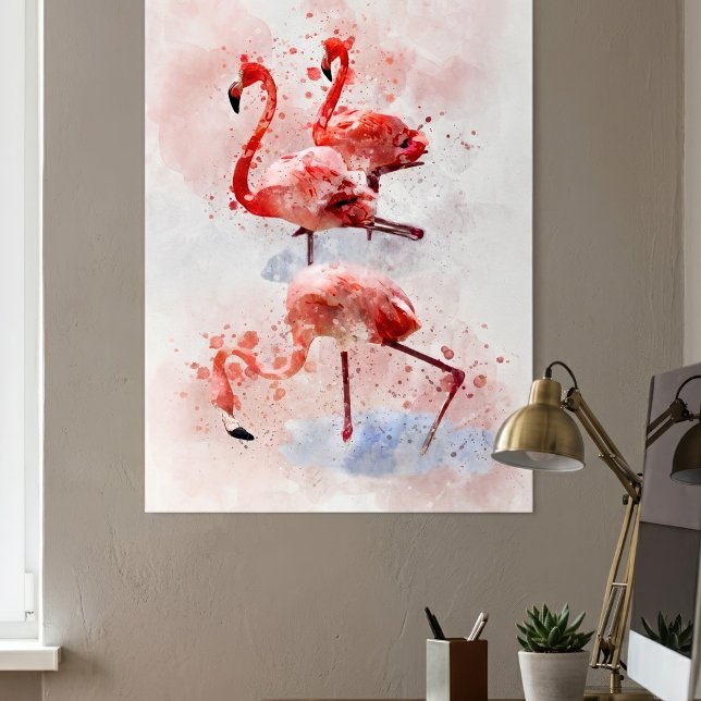 Tre rosa flamingos i akvarell konsttryck poster (Three Pink Flamingos in Watercolor Art Print. Poster)