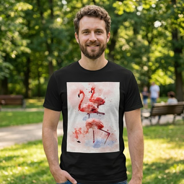 Tre rosa flamingos i akvarell konsttryck t shirt (Three Pink Flamingos in Watercolor Art Print. Men Basic Black T-Shirt)