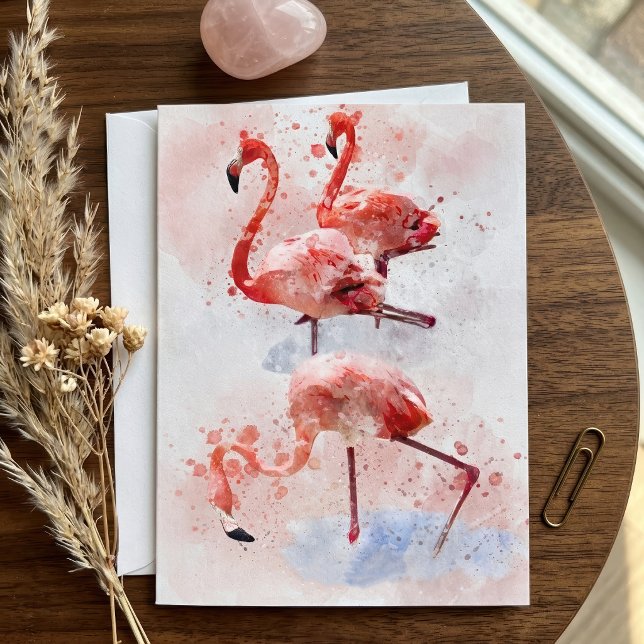 Tre rosa flamingos i akvarell konsttryck tack kort (Three Pink Flamingos in Watercolor Art Print. Thank You Card)