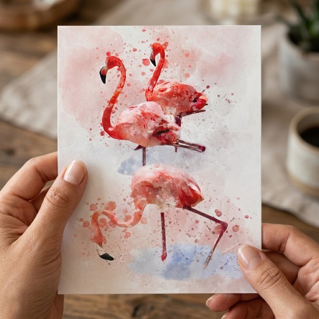 Tre rosa flamingos i akvarell konsttryck vykort (Three Pink Flamingos in Watercolor Art Print. Postcard)