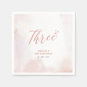 Tre Rosa hjärtan & akvarell flicka 3-årsdag Pappersservett