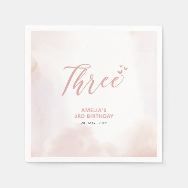 Tre | Rosa hjärtan & akvarell flicka 3-årsdag Pappersservett (Framsidan)