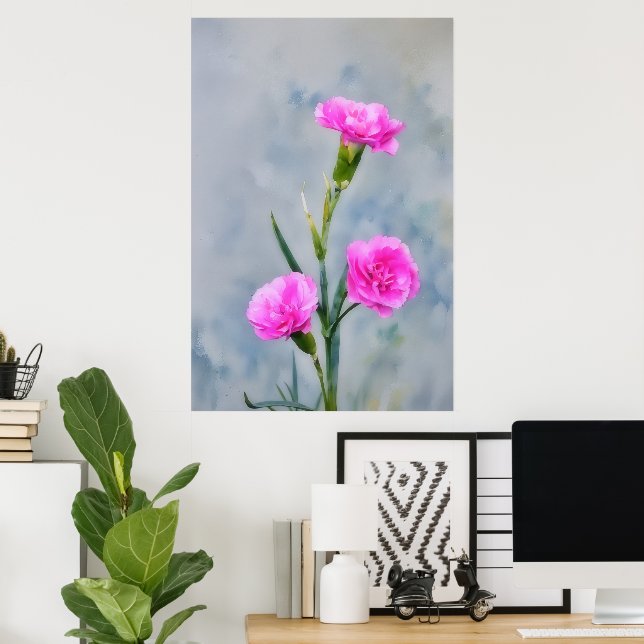 Tre rosa nejlikor Blomster trädgård Konstaffisch Poster (Hemmakontoret)