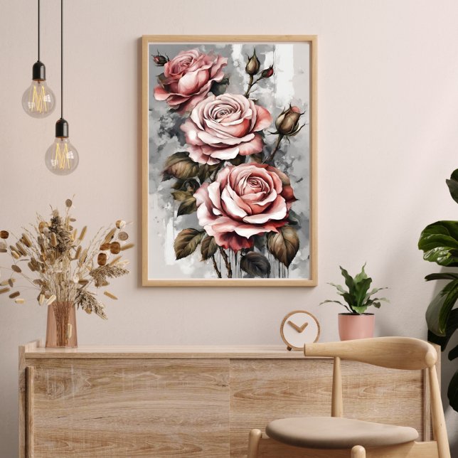 Tre Rosa ros Blommigt Modern Art Poster (Three Pink Roses Floral Modern Art Poster)