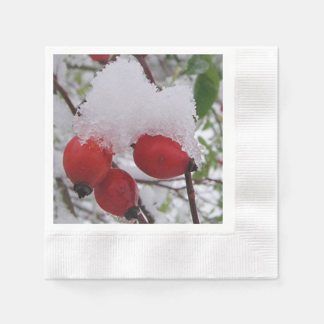 Tre rosehiper med snö-sockel pappersservett (Framsidan)