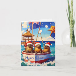 Tre sälar med tomtehattar God Jul Helgkort