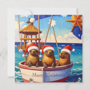Tre sälar med tomtehattar God Jul Julkort