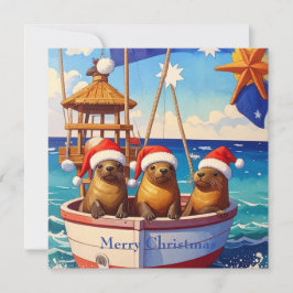 Tre sälar med tomtehattar God Jul Julkort