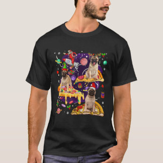 Tre Santa ren djur älva Pugs Riding Pizzas Söt P T Shirt