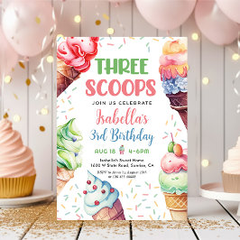 Tre Scoops Girls Ice Cream 3:e födelsedagen Inbjudningar