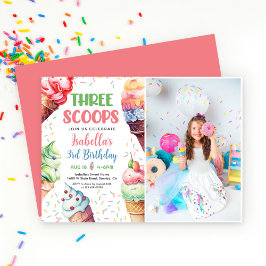 Tre Scoops Girls Ice Cream 3:e födelsedagen Inbjudningar