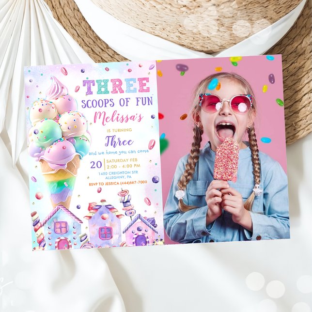 Tre Scoops of Roligt Ice Cream Birthday Photo Inbjudningar (Skapare uppladdad)