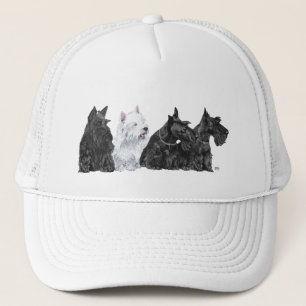 Tre Scotties & en Westie Truckerkeps
