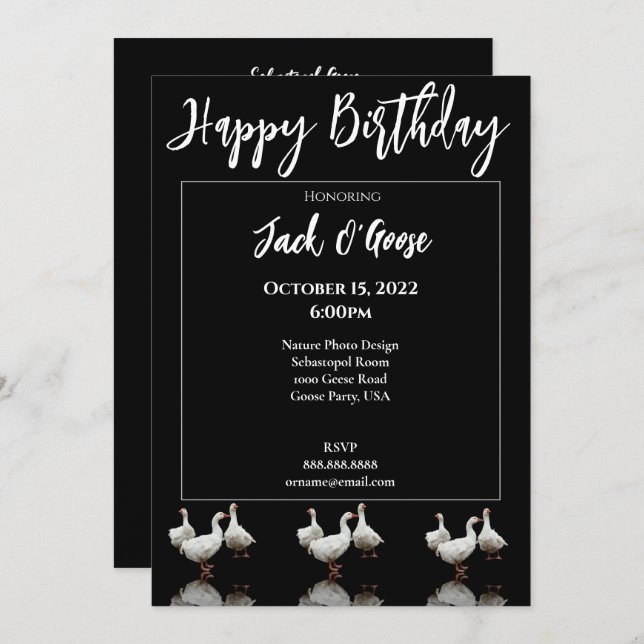 TRE SEBASTOPOL GEESE BLACK BIRTHDAY INVITATION INBJUDNINGAR (Fram/baksida)