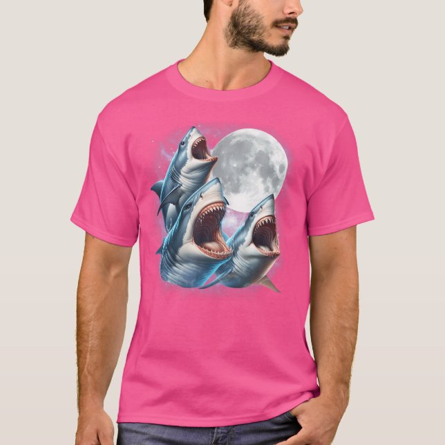 Tre Sharks Måne Funny Shark Howling Wolfs Måne P T Shirt (Framsida)