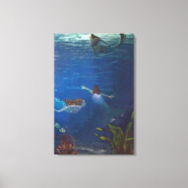 Tre Sjöjungfruar simmande under Vatten Canvastryck