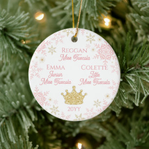 Tre Skönhetstävlande Prinsessor Rosa Guld Snöfling Julgransprydnad Keramik