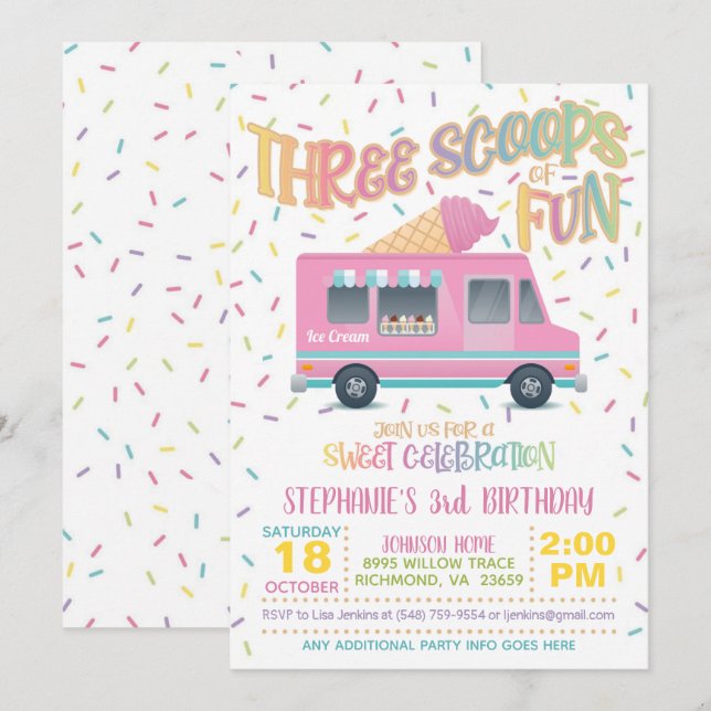 Tre skottar av Roligt Ice Cream Birthday-inbjudan Inbjudningar (Fram/baksida)