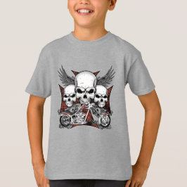 Tre Skull med Red Chopper Motorcycle Boy T-Shi T Shirt
