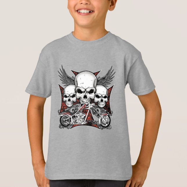 Tre Skull med Red Chopper Motorcycle Boy T-Shi T Shirt (Framsida)