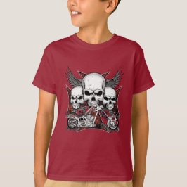 Tre Skull med Red Chopper Motorcycle Boy T-Shi T Shirt
