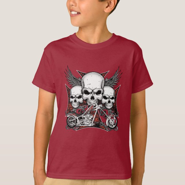 Tre Skull med Red Chopper Motorcycle Boy T-Shi T Shirt (Framsida)
