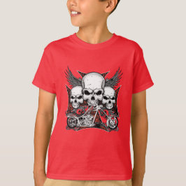 Tre Skull med Red Chopper Motorcycle Boy T-Shi T Shirt