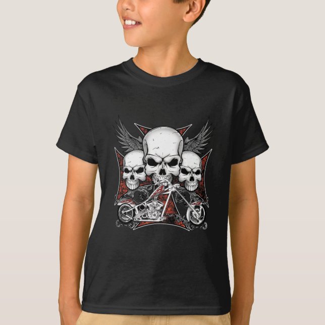 Tre Skull med Red Chopper Motorcycle Boy T Shirt (Framsida)