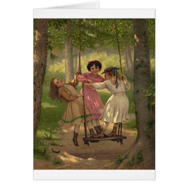 Tre små flickor på swing spelar gamla fasadade hälsningskort (Framsidan)