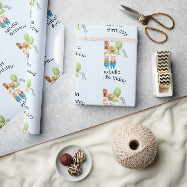 Tre Små Grisar Färgrik Folklig & Sagosaga Blå Presentpapper (Hantverk)