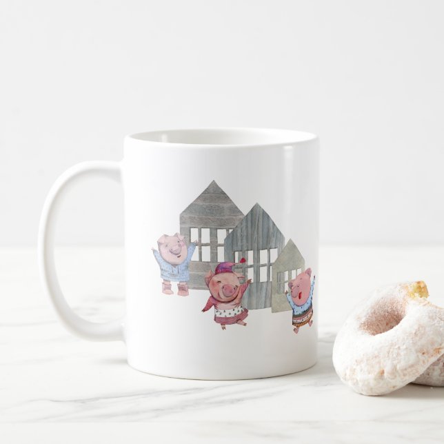 Tre små grisar med sina hus kaffemugg (Med munk)