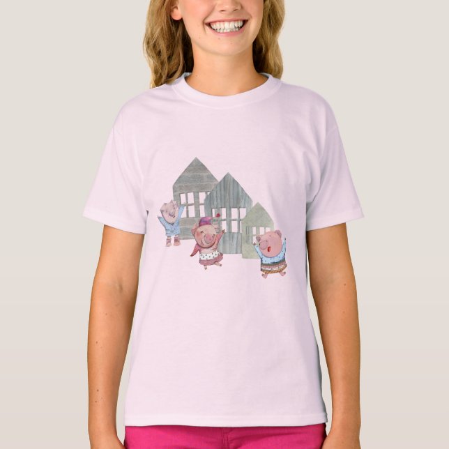 Tre små grisar med sina hus t shirt (Framsida)