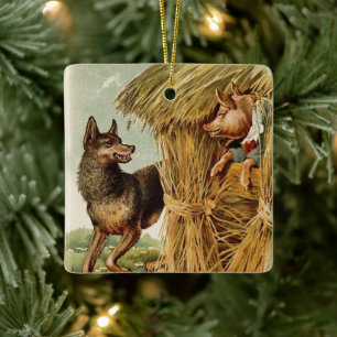 Tre små grisar, stor dålig Varg, Vintage Fairy Tal Julgransprydnad Keramik