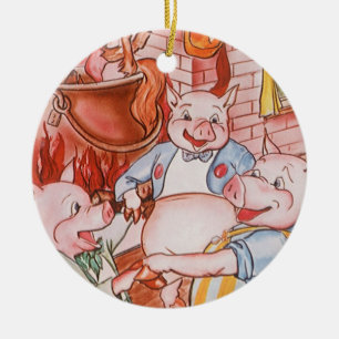 Tre små grisar, Varg, Vintage Fairy Tale Julgransprydnad Keramik