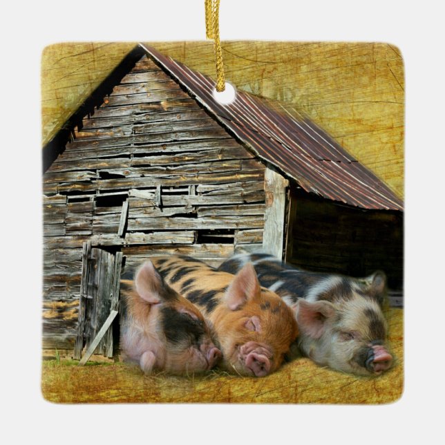 Tre små grisar vid Rustic Barn-sötning Julgransprydnad Keramik (Framsida)