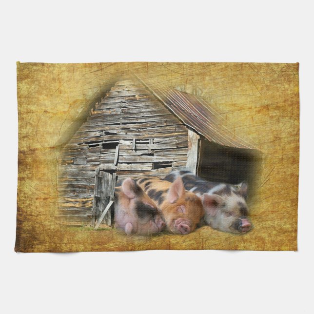 Tre små grisar vid Rustic Barn-sötning Kökshandduk (Horisontell)