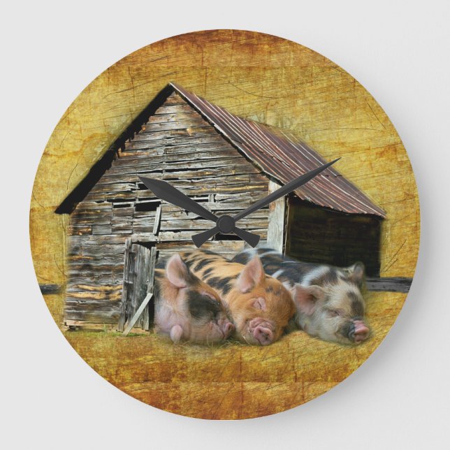 Tre små grisar vid Rustic Barn-sötning Stor Klocka (Framsida)