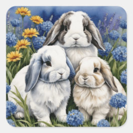 Tre små Lop Bunny Rabbits Square. Fyrkantigt Klistermärke