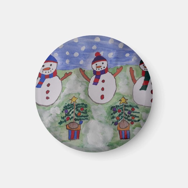 Tre Snögubbar i jultomten Magnet (Framsidan)