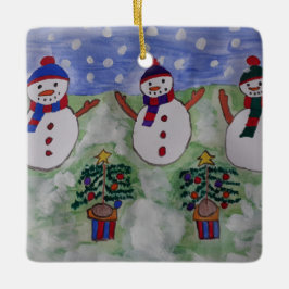 Tre Snögubbar och Julgran Julgransprydnad Keramik