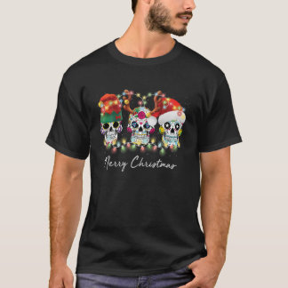 Tre sockerbitar Skull Jul Ljus Reindeer Santa T Shirt