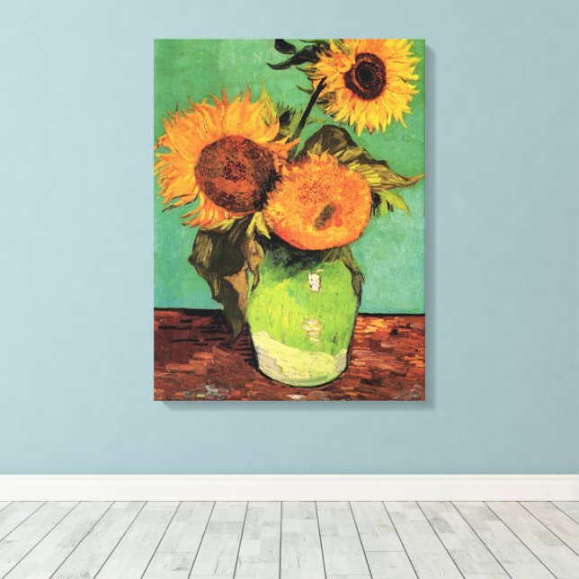 Tre solblommor i Vas av Vincent van Gogh Canvastryck (Insitu (trägolv))