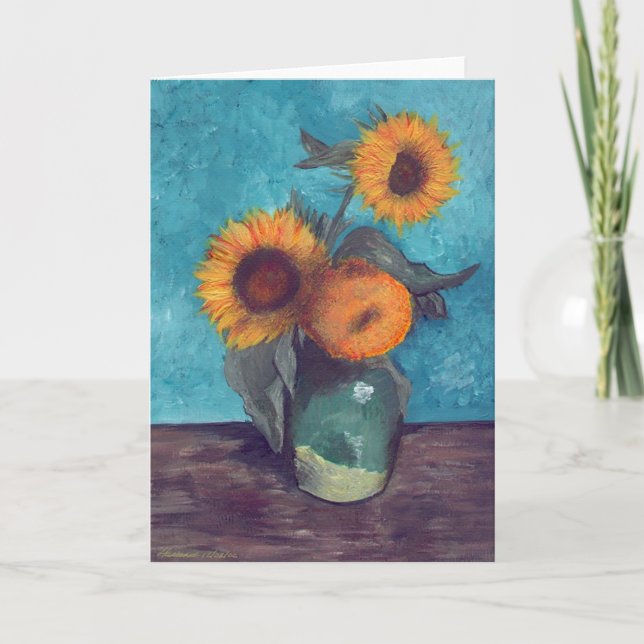 Tre solblommor i vas kort (Framsida)