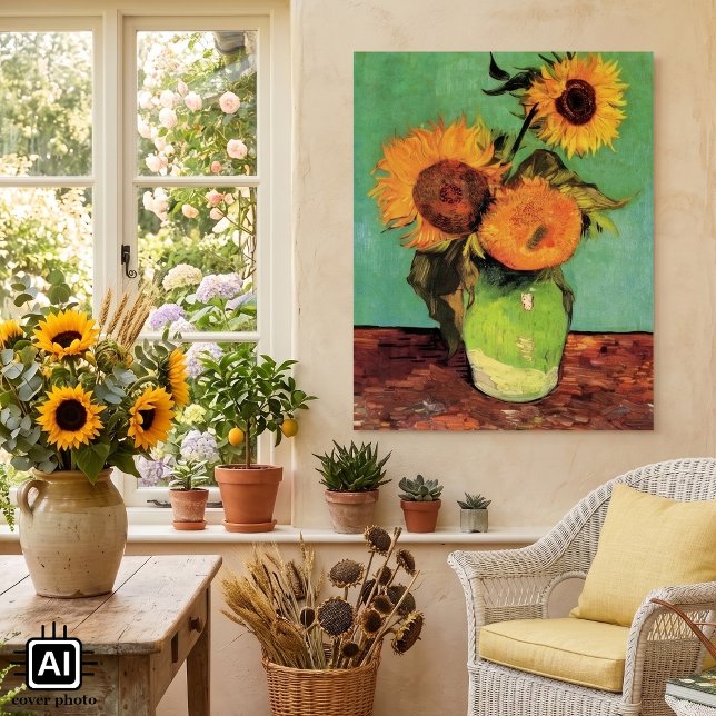 Tre solrosor i en vas av Vincent van Gogh Poster (Three Sunflowers in a Vase by Vincent van Gogh is a vintage post impressionism still life painting.)