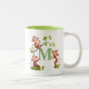 Tre söta apor och grön monogrammugg Två-Tonad mugg