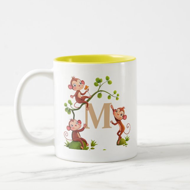Tre söta apor och Monogrammuggen Två-Tonad Mugg (Vänster)
