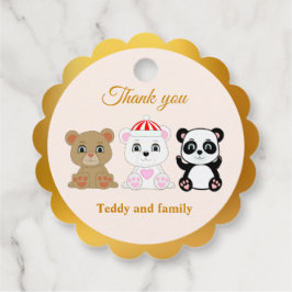 Tre söta björnar tackar på guld och sandbeige gåvor etiketter